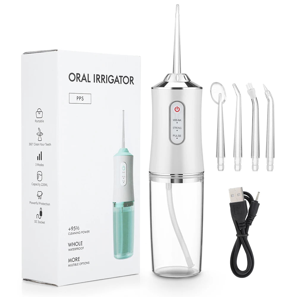 Portable USB Water Flosser – 3 Modes, 4 Jet Tips, 220ml