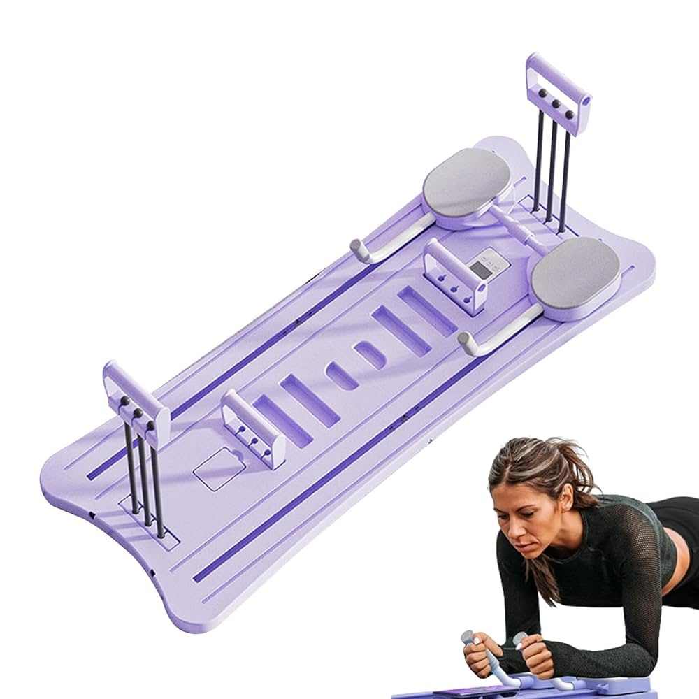 Mini Pilates Reformer in purple with woman performing core workout on floor