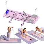 Mini Pilates Reformer in pink with adjustable parts, shown in use by women performing core and flexibility exercises at home.