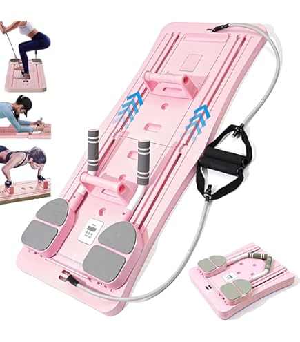 Pink foldable Mini Pilates Reformer with resistance bands and footpads for core strength and flexibility exercises.