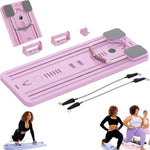Foldable pink Mini Pilates Reformer with resistance bands and adjustable footrests for core strength and flexibility training at home