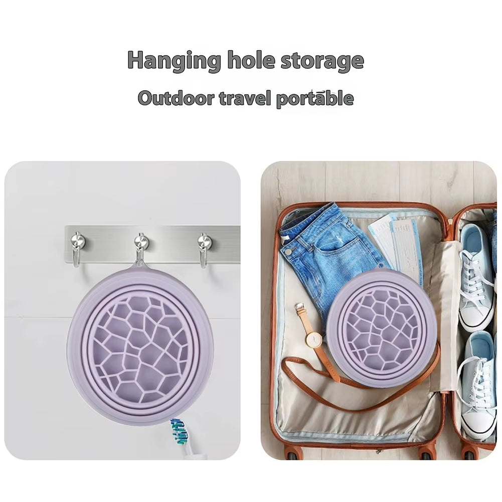 Collapsible purple silicone face bowl with built-in ice tray hanging on hook and packed in suitcase for travel