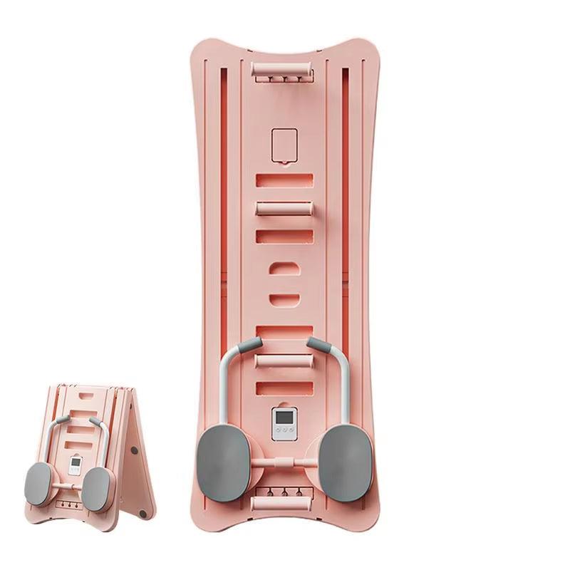 Foldable pink Mini Pilates Reformer with gray foot pedals for core and flexibility workouts