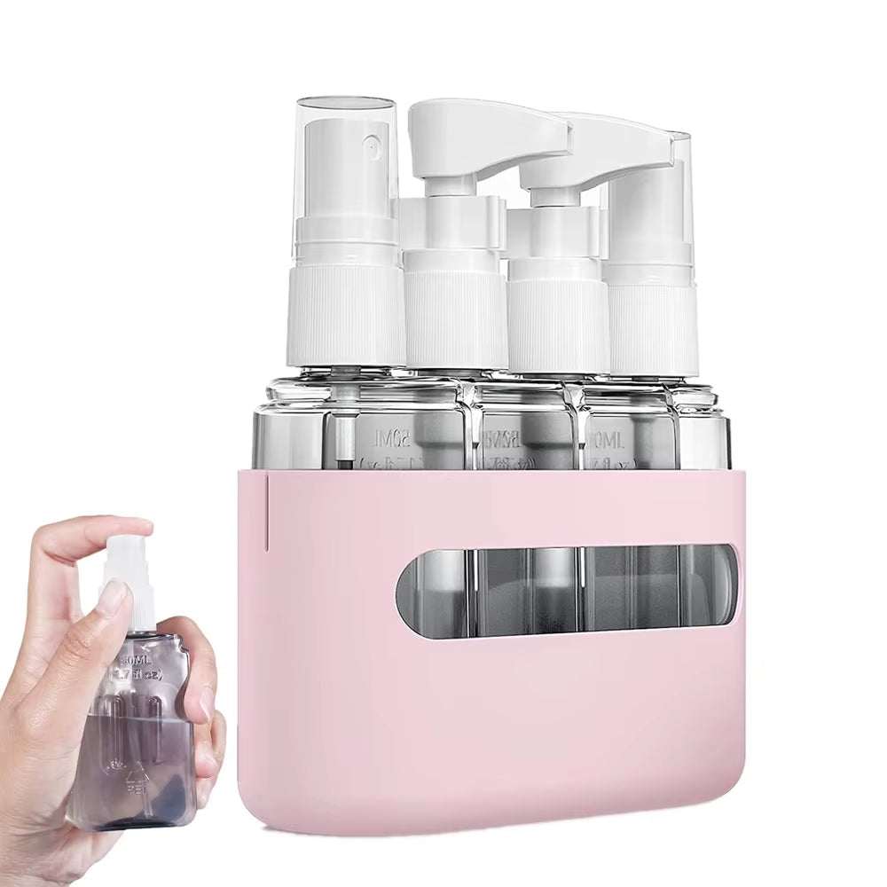 Mini Travel Toiletry Bottle set with refillable clear bottles and pink holder for shampoo, lotion, and haircare essentials
