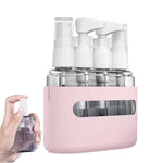Mini Travel Toiletry Bottle set with refillable clear bottles and pink holder for shampoo, lotion, and haircare essentials