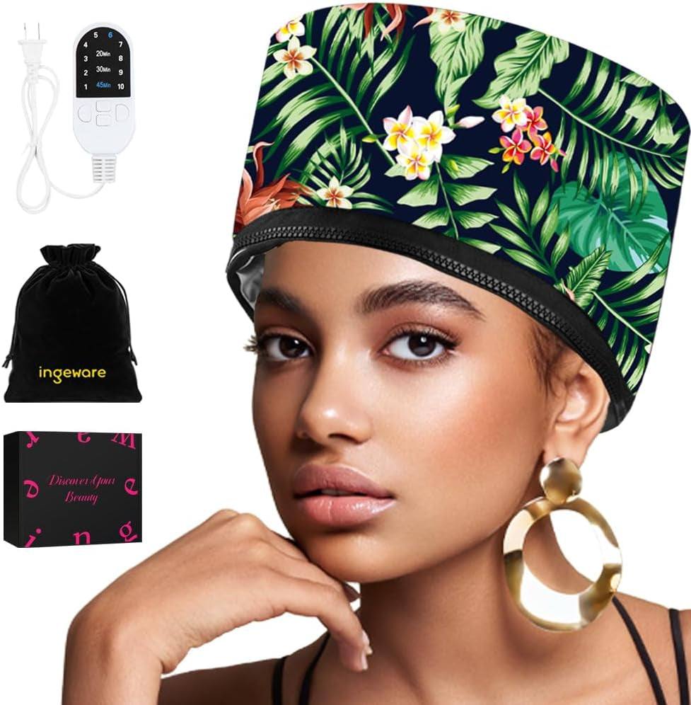 Portable electric hair steamer cap with floral print for deep conditioning and home spa use