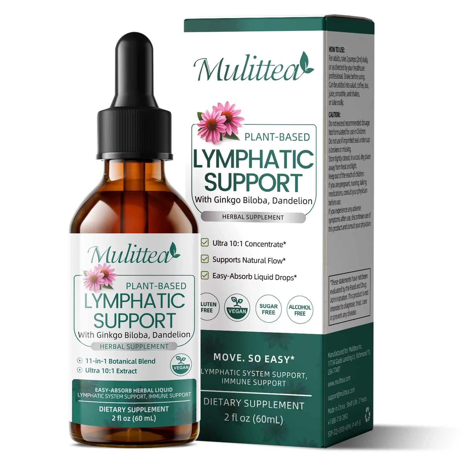 60ml Lymphatic Support Drops 11 in 1 Echinacea Extract Natural Herbs Supplement for Improves Fluid Circulation Enhances Immunity