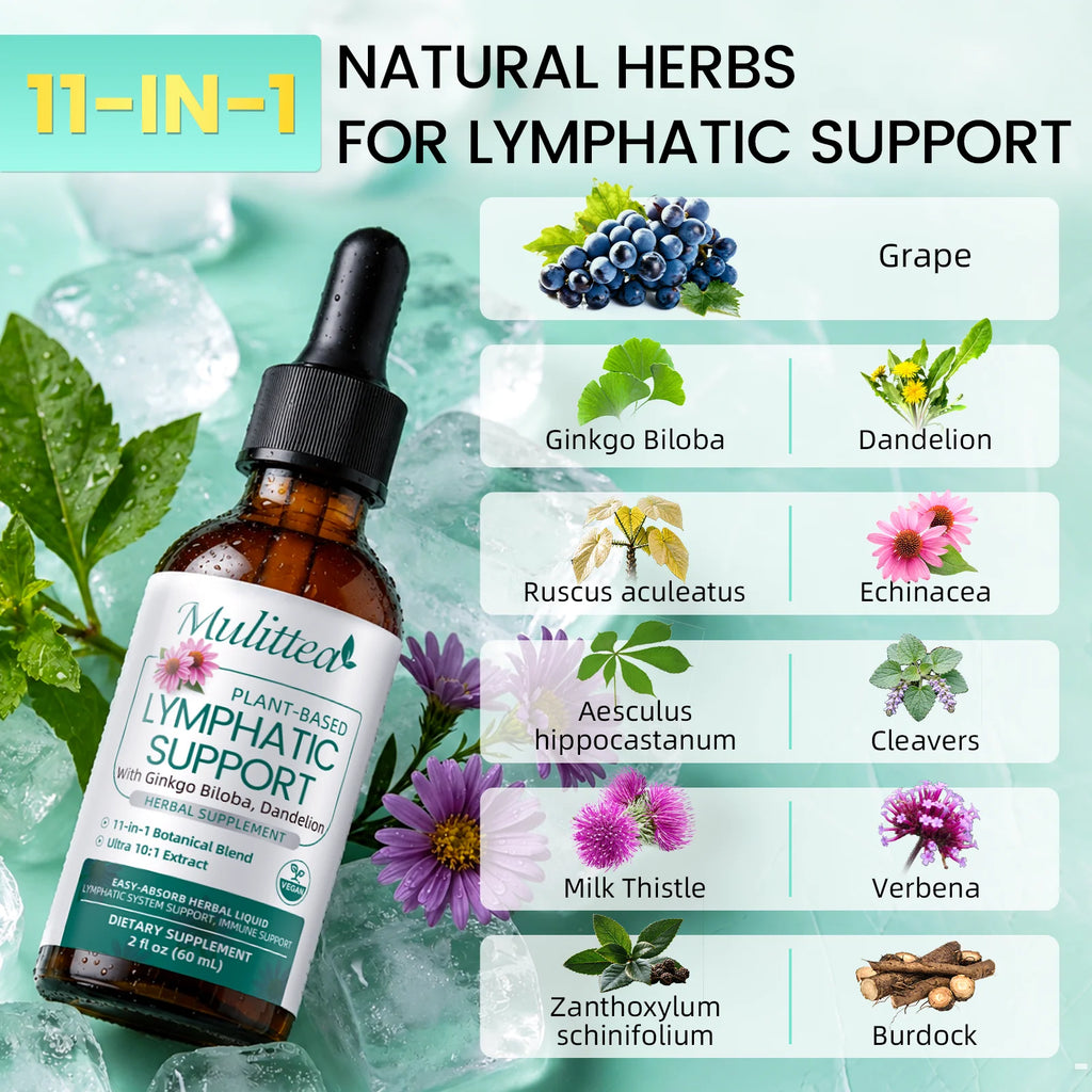 60ml Lymphatic Support Drops 11 in 1 Echinacea Extract Natural Herbs Supplement for Improves Fluid Circulation Enhances Immunity