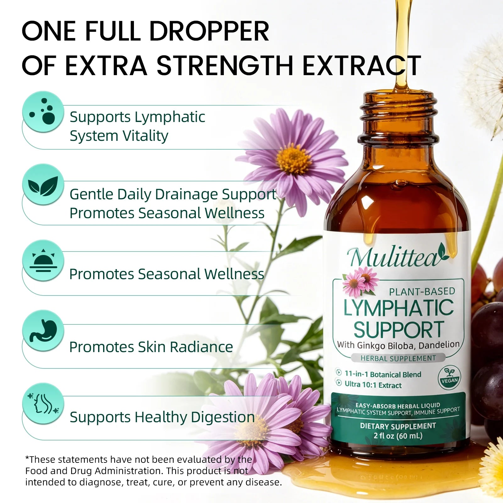 60ml Lymphatic Support Drops 11 in 1 Echinacea Extract Natural Herbs Supplement for Improves Fluid Circulation Enhances Immunity