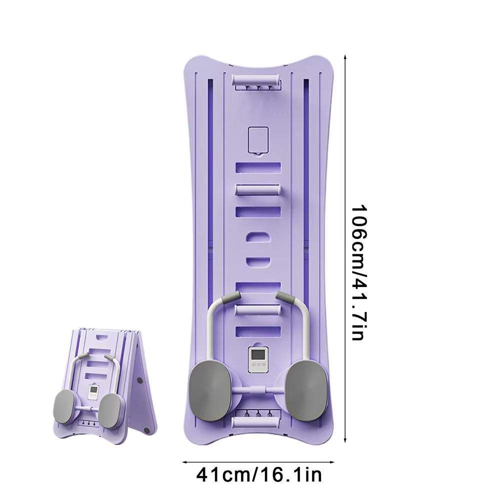 Compact purple Mini Pilates Reformer with foldable design and adjustable resistance features, measuring 106cm by 41cm